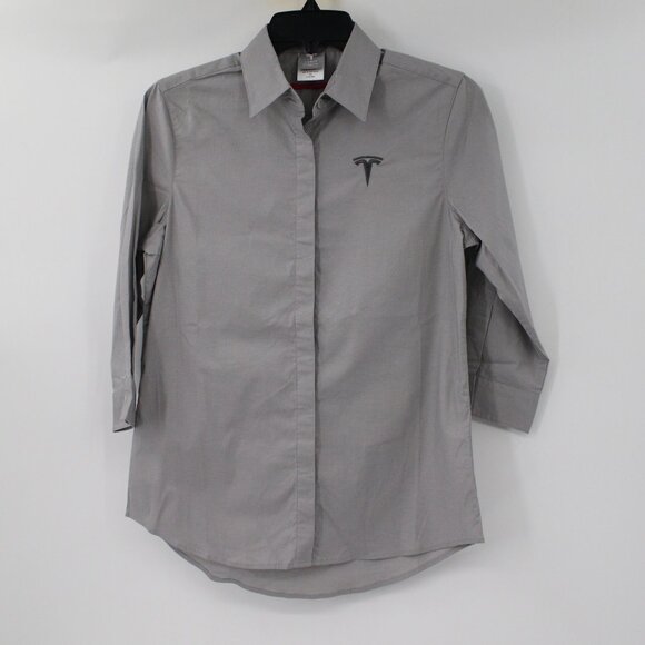Tesla Shirt Womens XS Button Up 3/4 Sleeve Embroidered Logo Gray solid preppy - Picture 1 of 14